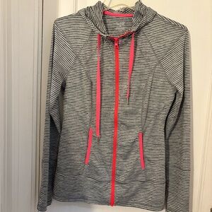 Lukka Black and White Striped Hoodie with Red Zipper